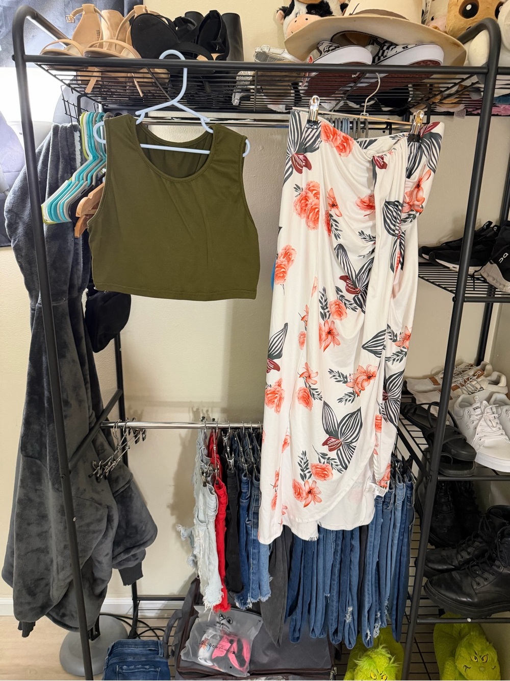 SHEIN White Maxi Dress with Coral & Charcoal Floral Print